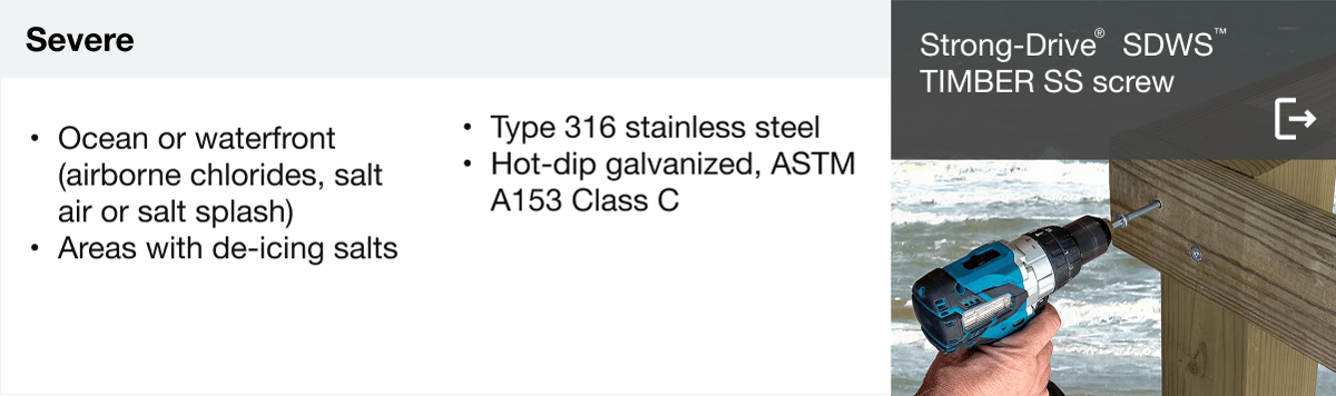 Chart for severe corrosion areas like oceanfronts or de-icing zones; recommends Strong-Drive® SDWS™ TIMBER SS screw made of Type 316 stainless steel or hot-dip galvanized Class C.